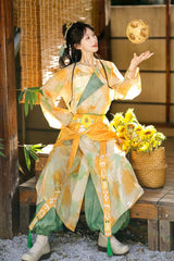 Yellow/Green Round Collar Long Sleeves Print Women's Sweet Hanfu Pants Full Set - Product - 5