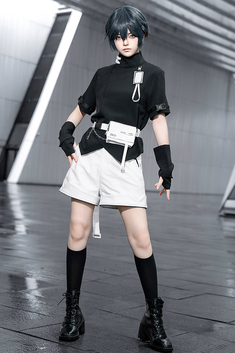 Black Functional Style Stand Collar Short Sleeves Ouji Fashion Prince Handsome Lolita Blouse - Product - 2