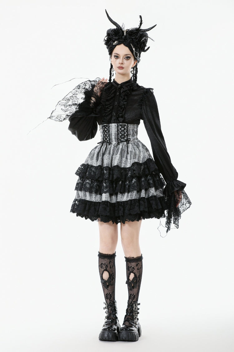 Black/Grey High Waisted Lace-Up Lace Ruffled Layered Hem Women's Lolita Gothic Skirt - Product - 9