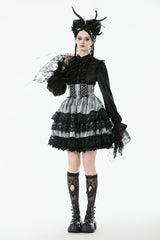 Black/Grey High Waisted Lace-Up Lace Ruffled Layered Hem Women's Lolita Gothic Skirt - Product - 9