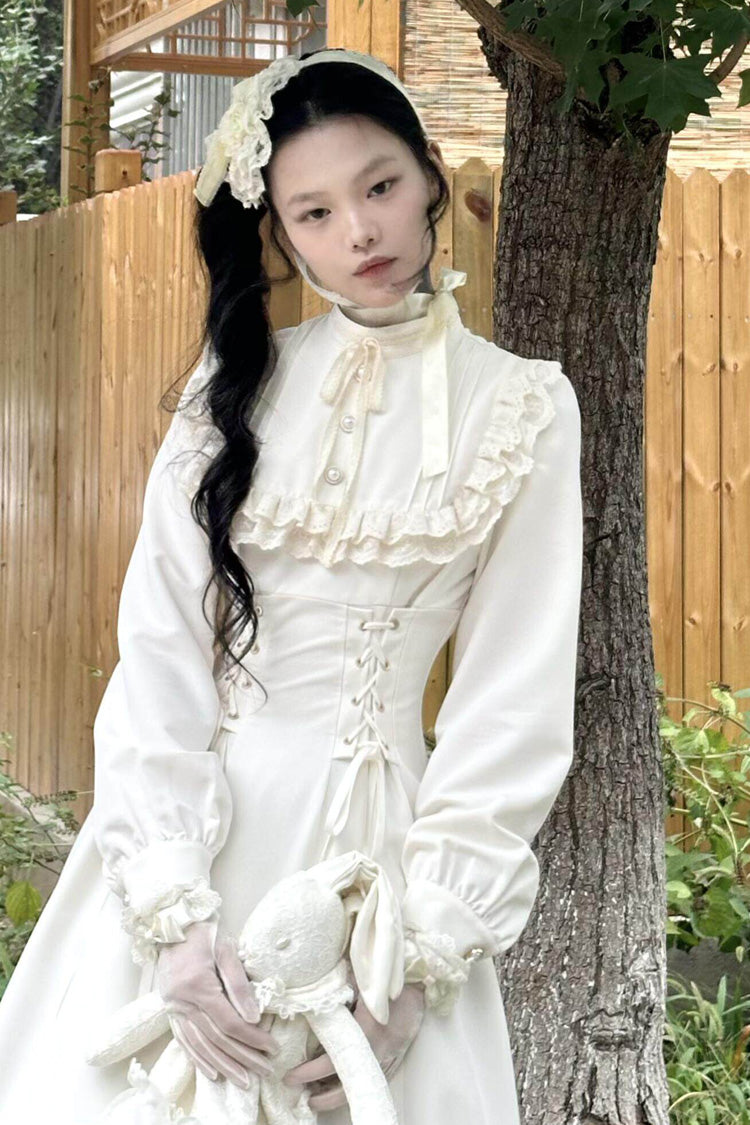 Apricot Stand Collar Long Sleeves Ruffled Lace-Up Gothic Lolita Dress - Product - 5