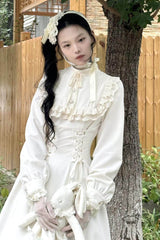 Apricot Stand Collar Long Sleeves Ruffled Lace-Up Gothic Lolita Dress - Product - 5