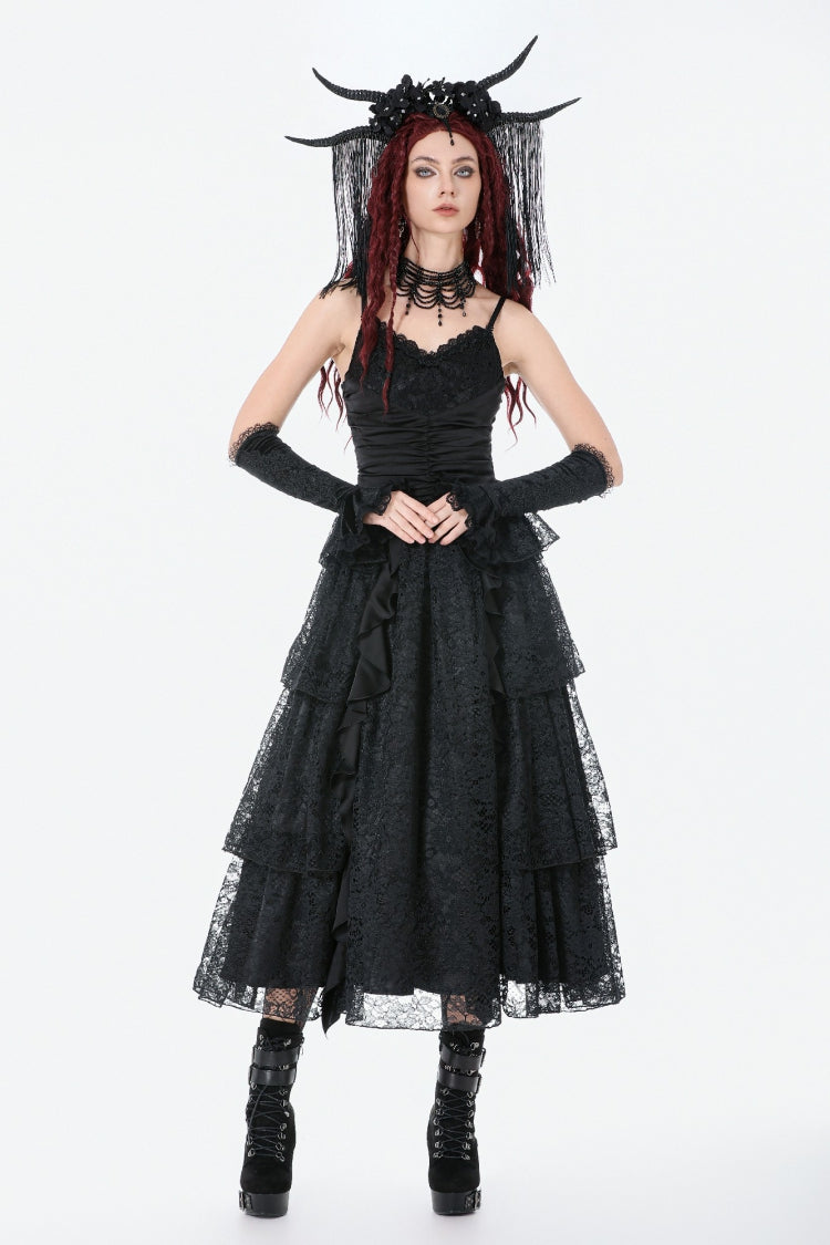 Black Sleeveless Multi-Layered Lace Ruched Women's Gothic Slip Maxi Dress Wedding Dress - Black - 1