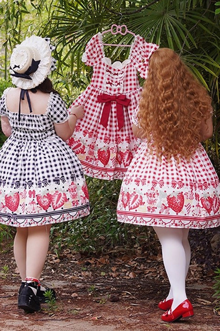 Red Short Sleeves Strawberry Plaid Print Bowknot Sweet Plus Size Princess Lolita Dress - Product - 5