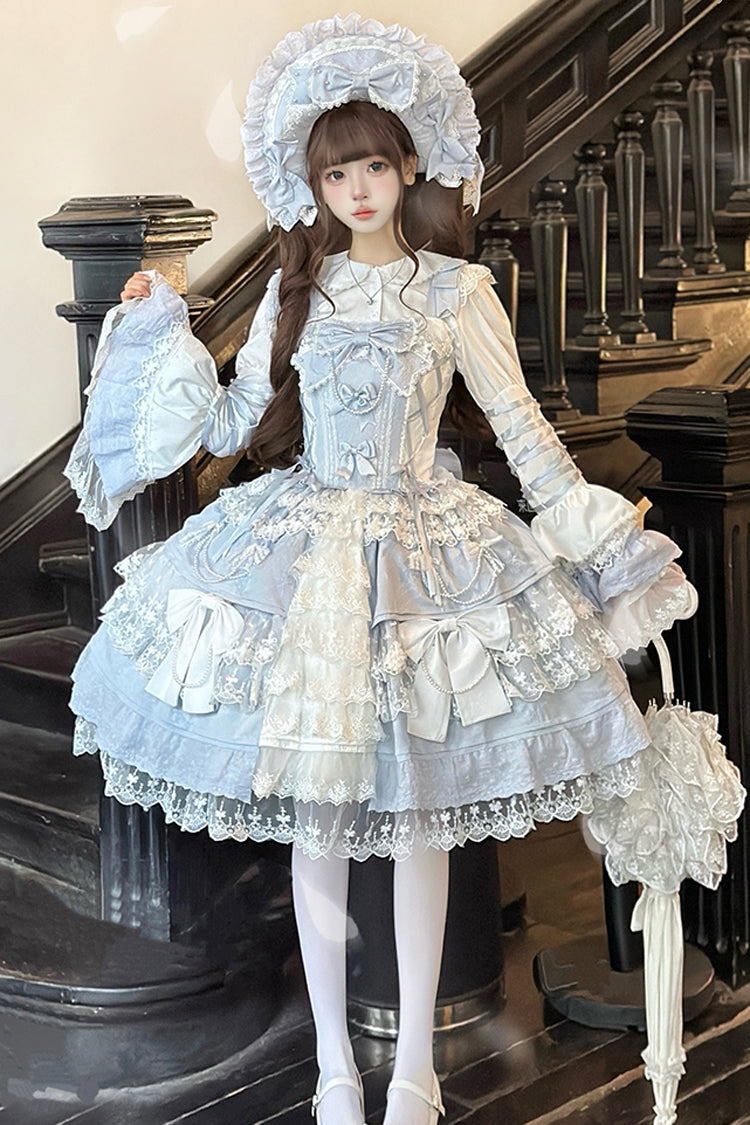 [Sakura Love] Multi-Layered Jacquard Ruffle Embroidery Cardigan Bowknot Lace Sweet Gorgeous Lolita Jsk Dress 3 Colors - Blue - 5