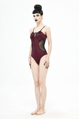 Wine Red Waist Splice Mesh Lace Up Gothic One Piece Swimsuit - Product - 5
