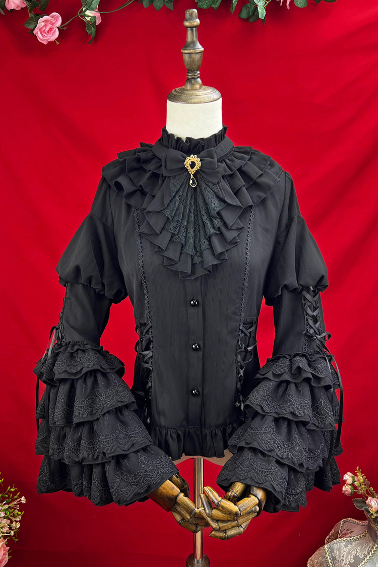 [The Angel of Good and Evil] Long Trumpet Sleeves Multi-Layered Ruffled Lace Classic Elegant Lolita Blouse 4 Colors - Black - 4