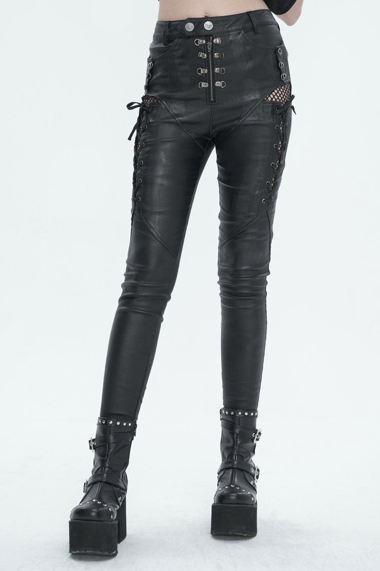 Black Stretch Faux Leather Paneled Mesh Women's Punk Trousers - Product - 2