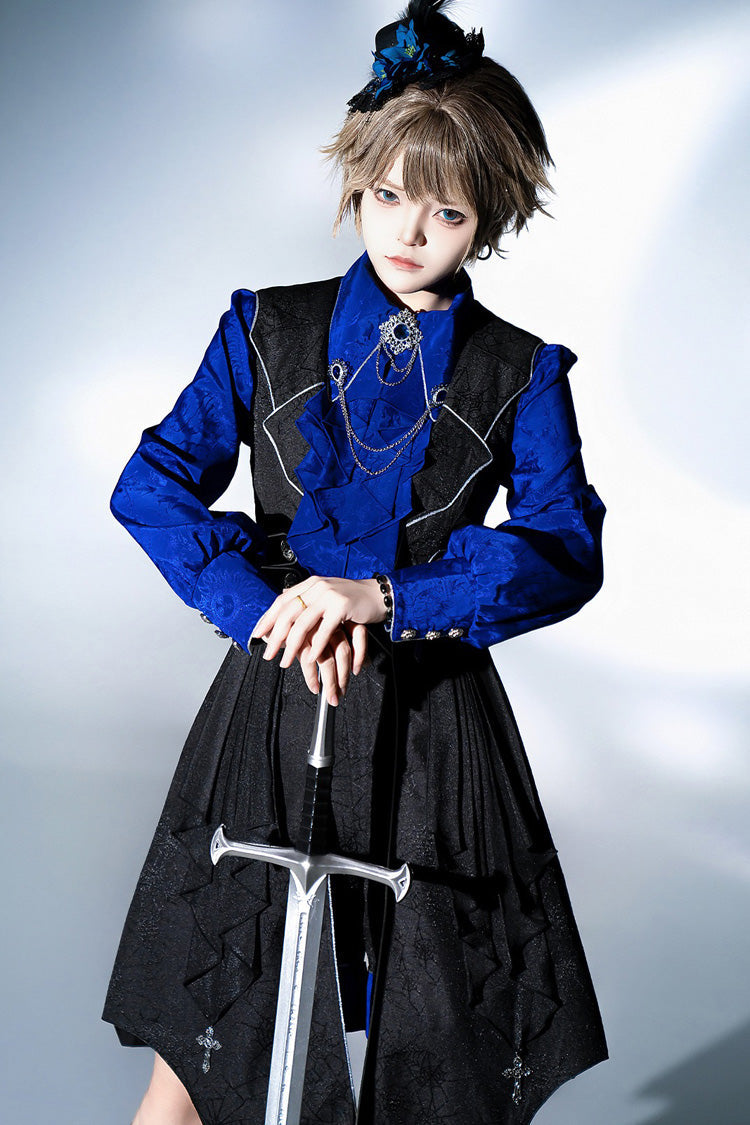 Black/Blue Courtly Knight-Style Long Sleeves Ruffle Embroidery Prince Ouji Lolita Set - Product - 3