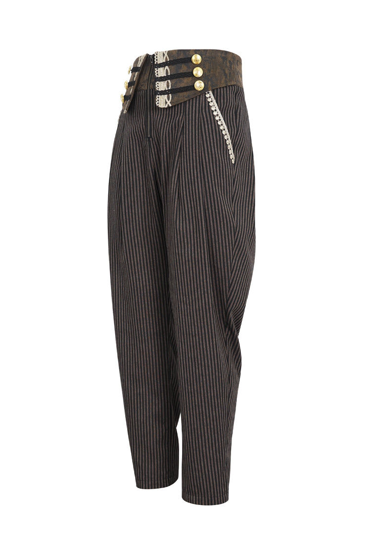 Brown High Waisted Striped  Lace-Up Men's Gothic Pants - Product - 7