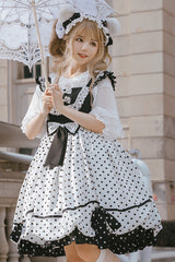 White/Black Polka Dot Ruffled Strap Sweet Lolita JSK Dress - Product - 4
