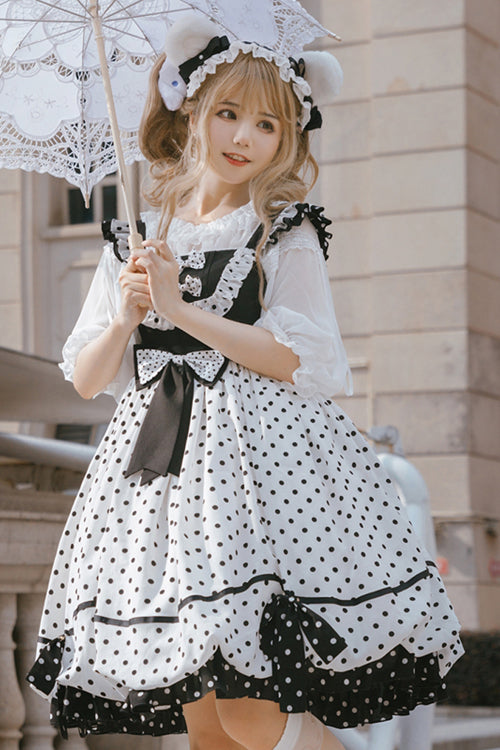 White/Black Polka Dot Ruffled Strap Sweet Lolita JSK Dress - Product - 4