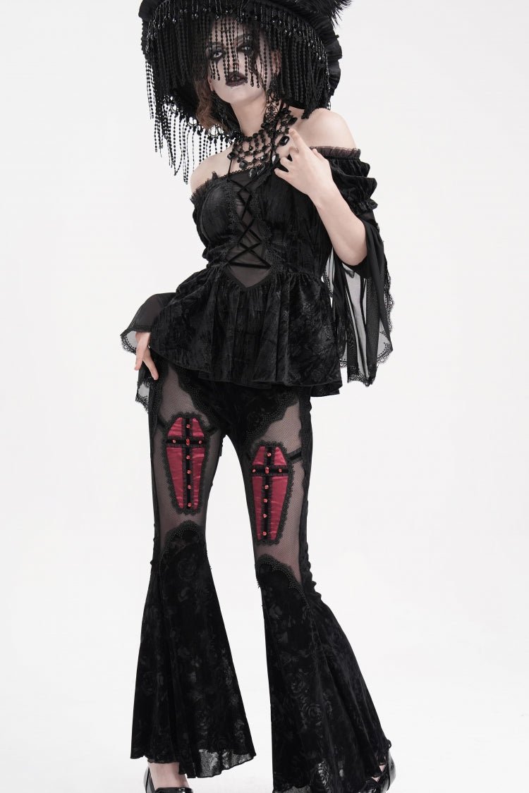 Black Halterneck Long Sleeves Hollow Lace-Up Mesh Women's Gothic Blouse - Product - 6