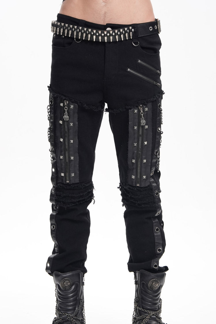 Black Stitching Eyelets Chains Studs Men's Gothic Pants - Black - 1