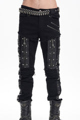 Black Stitching Eyelets Chains Studs Men's Gothic Pants - Black - 1