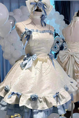 Apricot/Blue Print Ruffle Bowknot Sweet Princess Lolita Jsk Dress - Product - 2