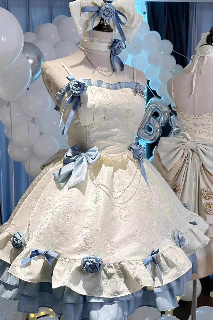 Apricot/Blue Print Ruffle Bowknot Sweet Princess Lolita Jsk Dress - Product - 2