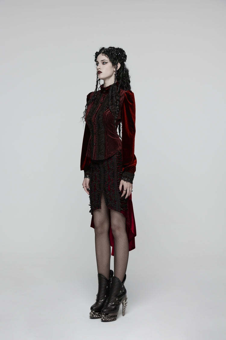 Red Embroidered Floral Embroidered Irregular Women's Gothic Fishtail  Skirt - Product - 4