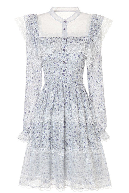 Blue Chiffon Stand Collar French Lace Floral Embroidered Trumpet Long Sleeves Ruffled Sweet Lolita OP Dress - Product - 7
