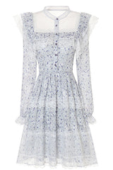 Blue Chiffon Stand Collar French Lace Floral Embroidered Trumpet Long Sleeves Ruffled Sweet Lolita OP Dress - Product - 7