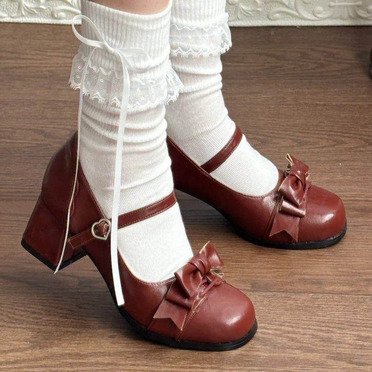 Bowknot Square Toe Sweet College Style Lolita High Heels Shoes 3 Colors - Red - 2