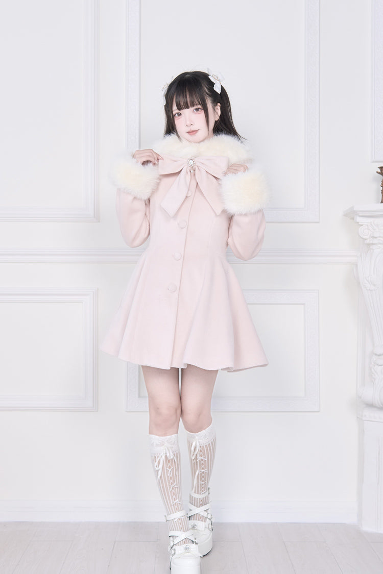 Pink Plush Collar Long Sleeves Bowknot Japanese Sweet Lolita Coat - Product - 7