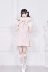 Pink Plush Collar Long Sleeves Bowknot Japanese Sweet Lolita Coat - Product - 7