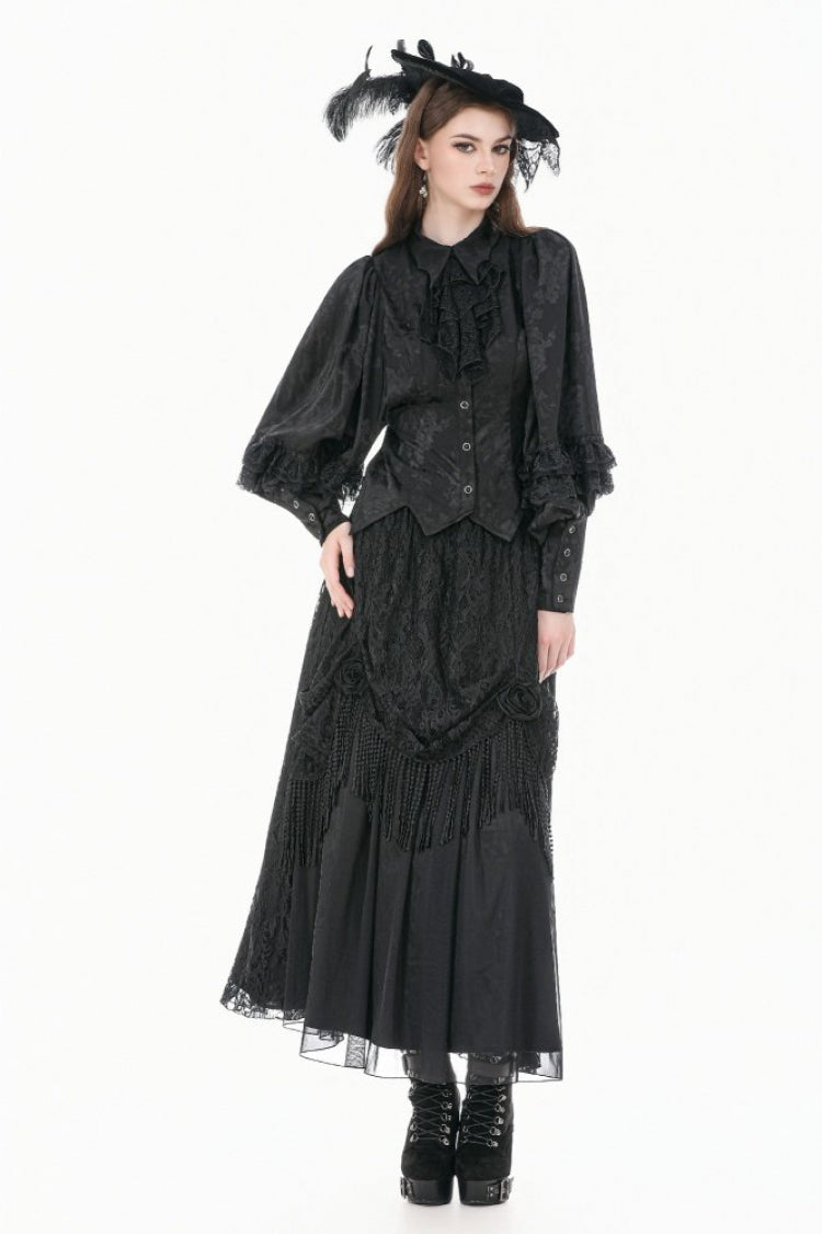Black Point Collar Long Bishop Sleeves Rose Jacquard Irregular Hem Women's Gothic Blouse with Detachable Tie - Product - 12