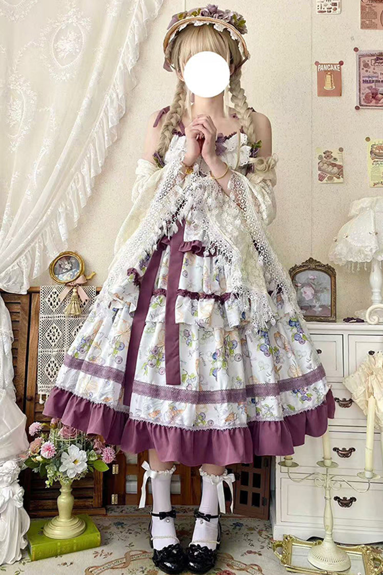 [Blueberry Early Summer] Sleeveless Triple-Layered Print Ruffle Bowknot Lace Sweet Lolita Jsk Dress 2 Colors - Product - 5
