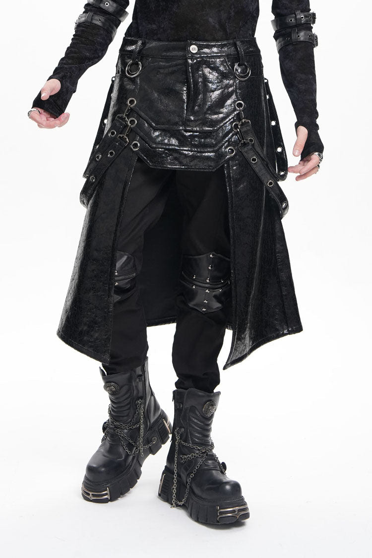 Black Faux Leather Stitching Eyelets Strap Rings Men's Gothic Skirt - Product - 5