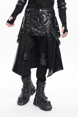 Black Faux Leather Stitching Eyelets Strap Rings Men's Gothic Skirt - Product - 5