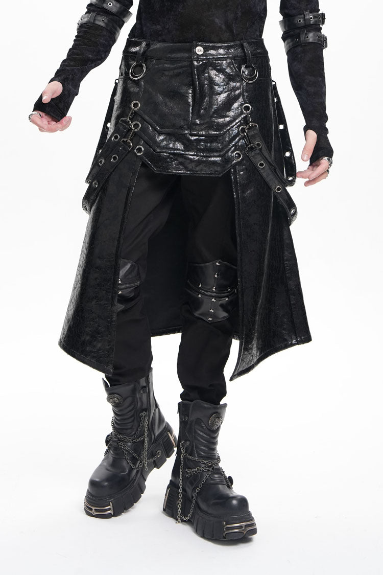 Black Faux Leather Stitching Eyelets Strap Rings Men's Gothic Skirt - Product - 5