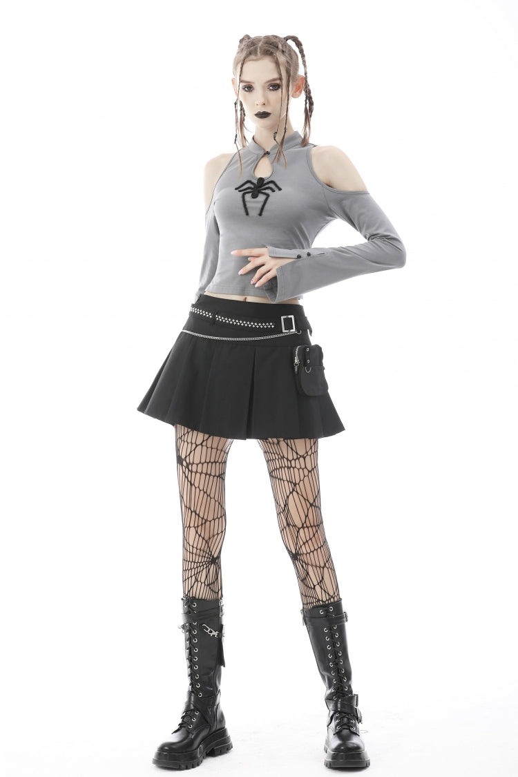 Black Pleated Big-pocket Chain-Decorated Women's Punk Mini Skirt with Belt - Product - 6