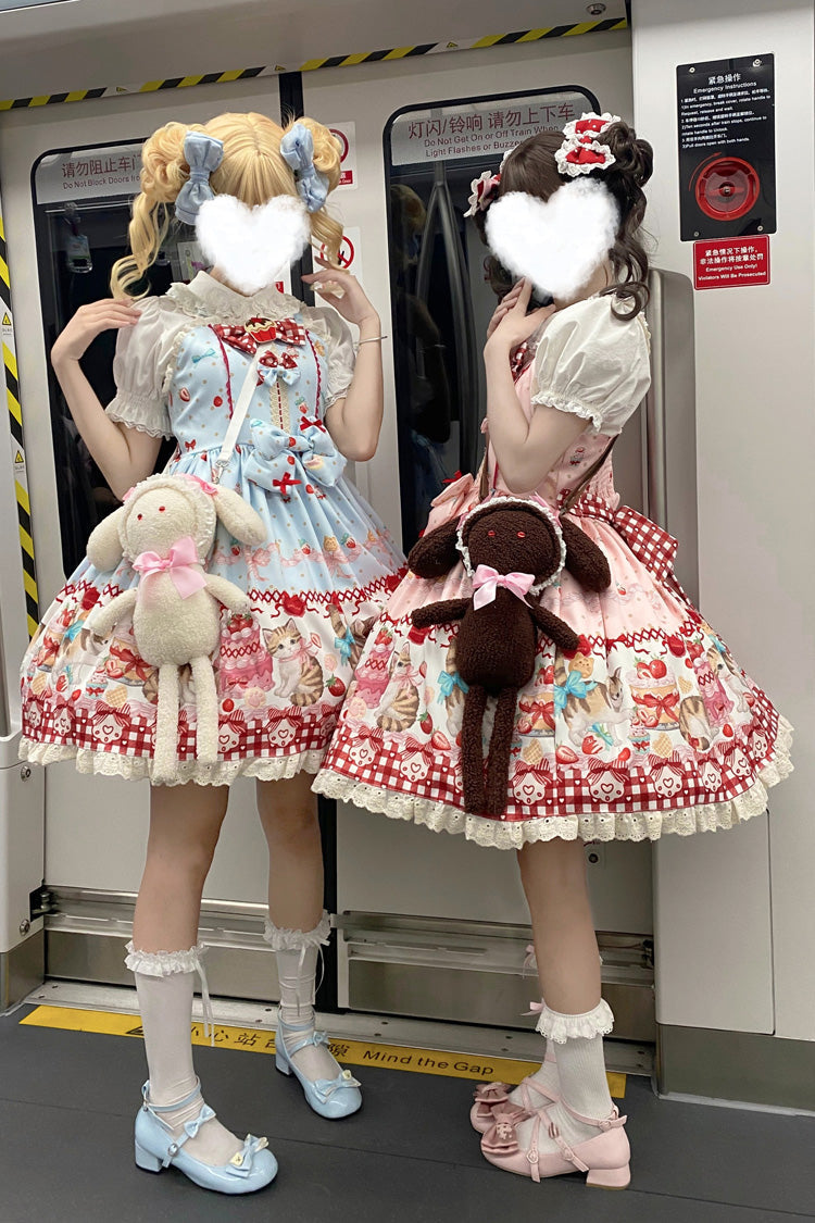 [Strawberry Cake Kitty] Sleeveless Printed Bow Lace Sweet Lolita Strap Dress 3 Colors - Product - 9