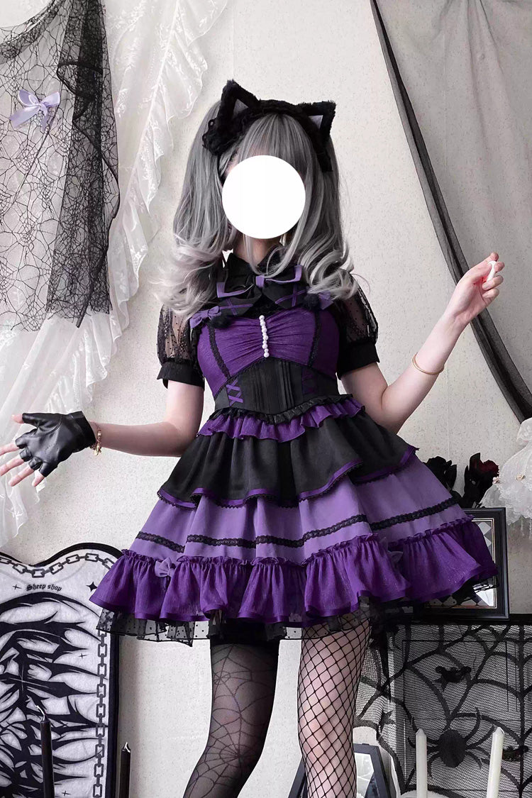 Black/Purple [Cotton Cloud] Lapel Collar Ruffle Bowknot Lace-Up Gothic Lolita Jsk Dress - Black/Purple - 1
