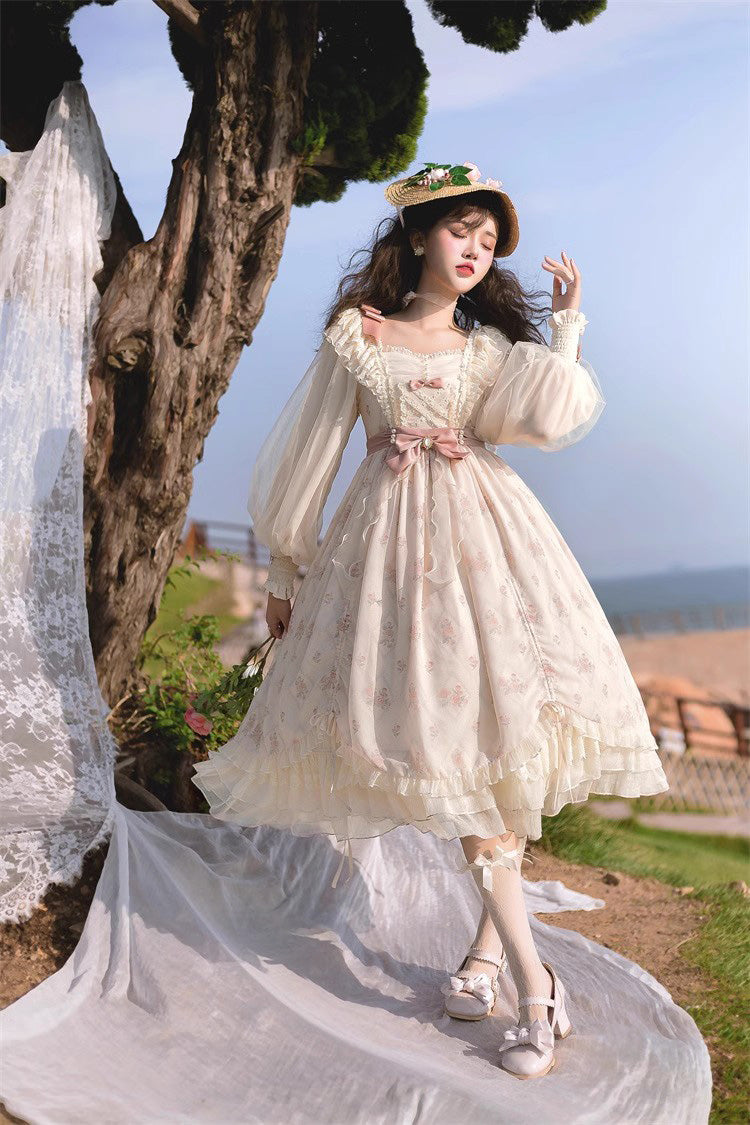 Ivory Time Letter Multi-layer Print Ruffle Bowknot Daily Sweet Elegant Lolita Dress - Product - 2