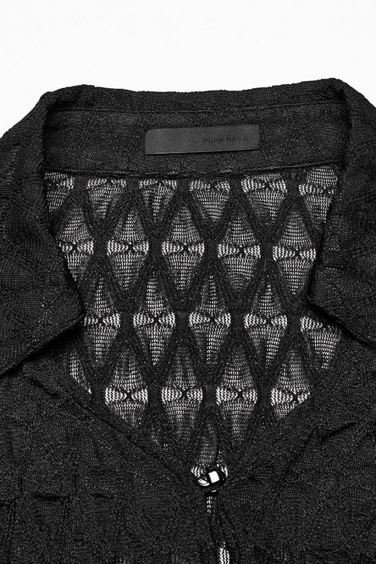 Black Diamond Pattern Round Collar Irregular Drawstring Women's Gothic Shirt - Product - 5