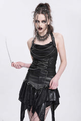 Black Halterneck Ripped Chained Women's Punk Vest - Black - 1