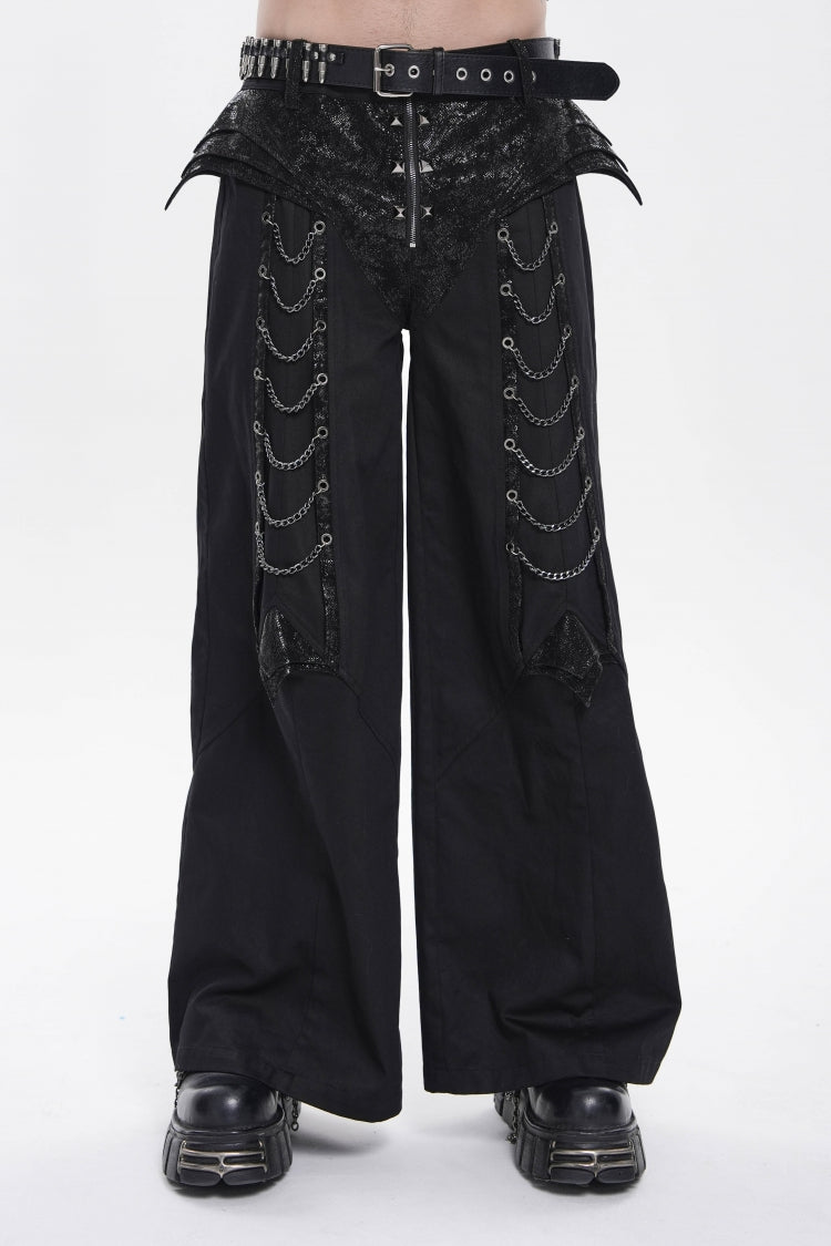 Black Spliced Studded Zippered Chain-Decorated Men's Punk Cool Pants - Product - 7