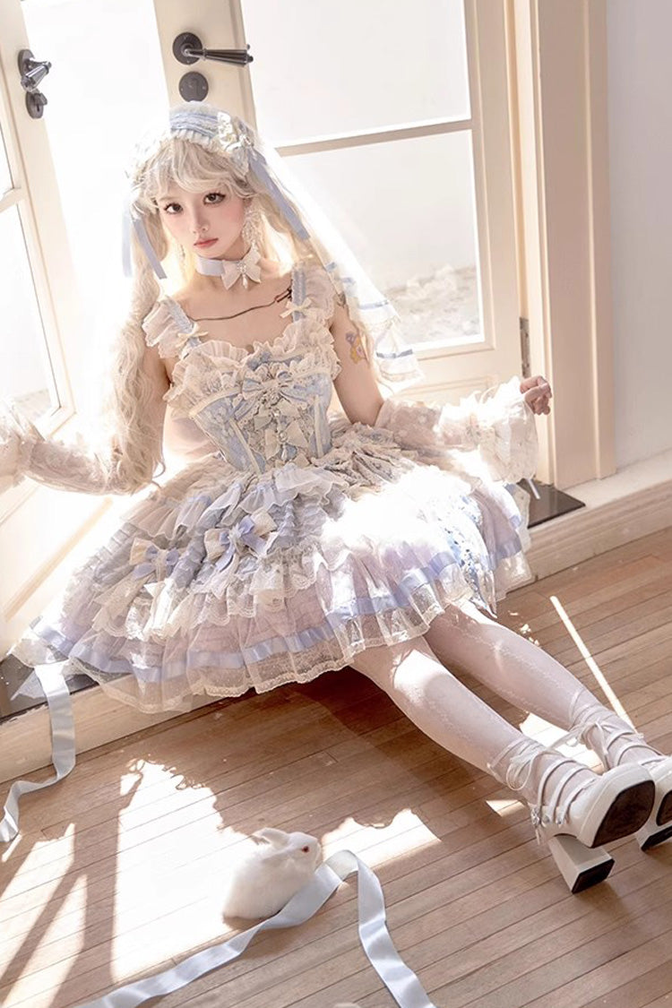 Blue [Moonstone] Sleeveless Ruffle Embroidery Bowknot Lace Fishbone Sweet Princess Lolita Dress - Product - 11
