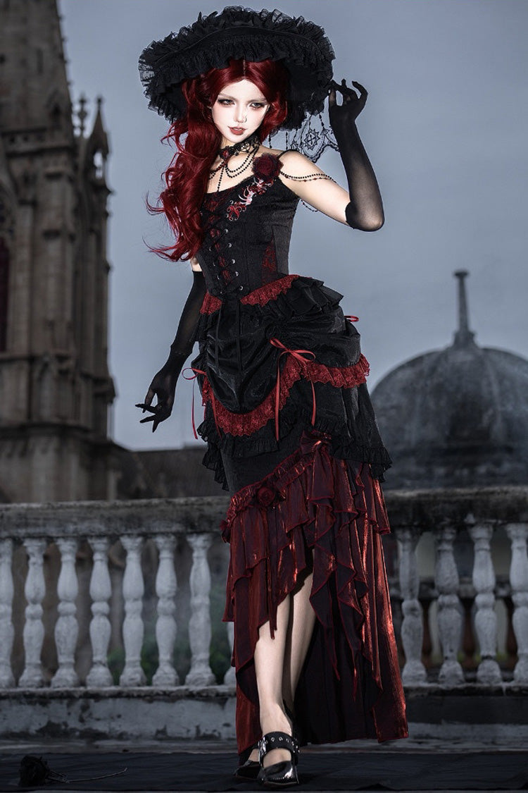 Black/Red [Rotten Bone Flower] Sleeveless Ruffled Embroidered Lace-Up Gothic Lolita Skirt Dress Set - Product - 5