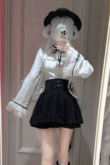 Black/White [Moonlit Butterfly] Lapel Collar Long Trumpet Sleeves Ruffled Bow Lace Jirai Kei Japanese Skirt Set - Product - 3