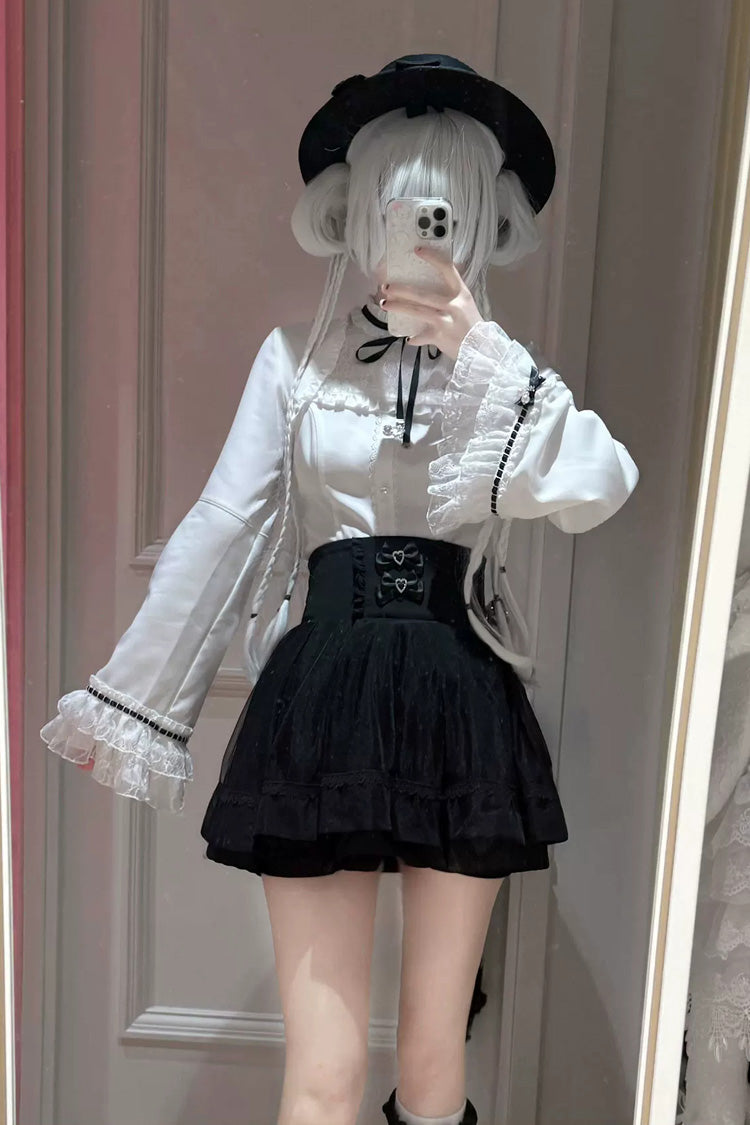 Black/White [Moonlit Butterfly] Lapel Collar Long Trumpet Sleeves Ruffled Bow Lace Jirai Kei Japanese Skirt Set - Product - 3