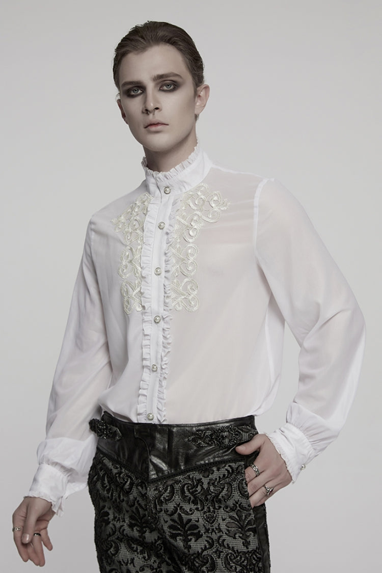 White Stand Collar Long Sleeves Ruffle Embroidery Men's Gothic Blouse - Product - 2
