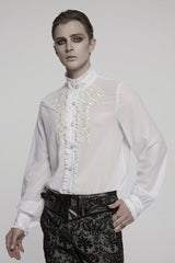 White Stand Collar Long Sleeves Ruffle Embroidery Men's Gothic Blouse - Product - 2