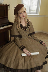 Brown [Baker Street Stories] Stripe Print Ruffle Fake Two Pieces British College Style Classic Lolita Dress - Product - 11