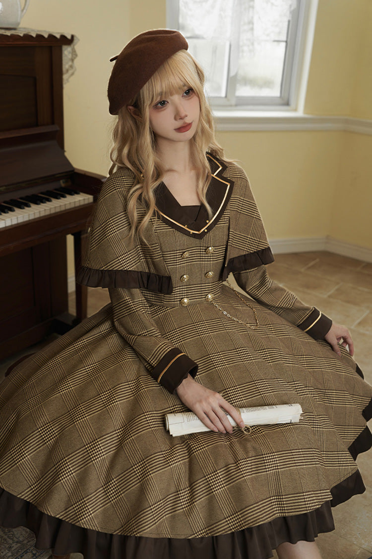 Brown [Baker Street Stories] Stripe Print Ruffle Fake Two Pieces British College Style Classic Lolita Dress - Product - 11