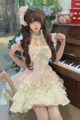 Purple [Flower Language of Eros] Halterneck Multi-Layered Ruffle Bowknot Rose Lace Lace-Up Sweet Ballet Lolita Jsk Dress - Product - 4