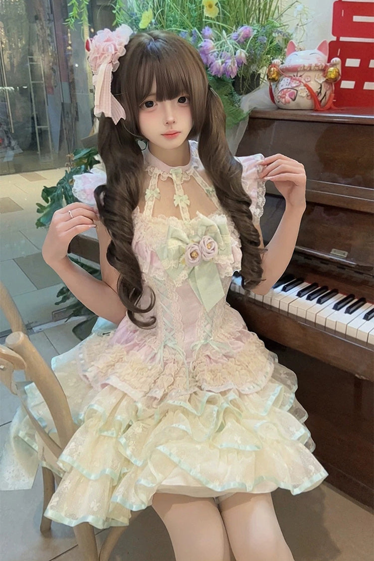 Purple [Flower Language of Eros] Halterneck Multi-Layered Ruffle Bowknot Rose Lace Lace-Up Sweet Ballet Lolita Jsk Dress - Product - 4