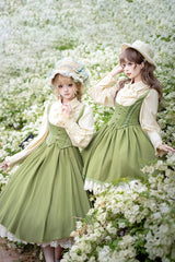 [Dreamlike Realm] Sleeveless Printed Ruffled Embroidered Bustier Elegant Sweet Lolita Jsk Dress 4 Colors - Green(Long) - 1